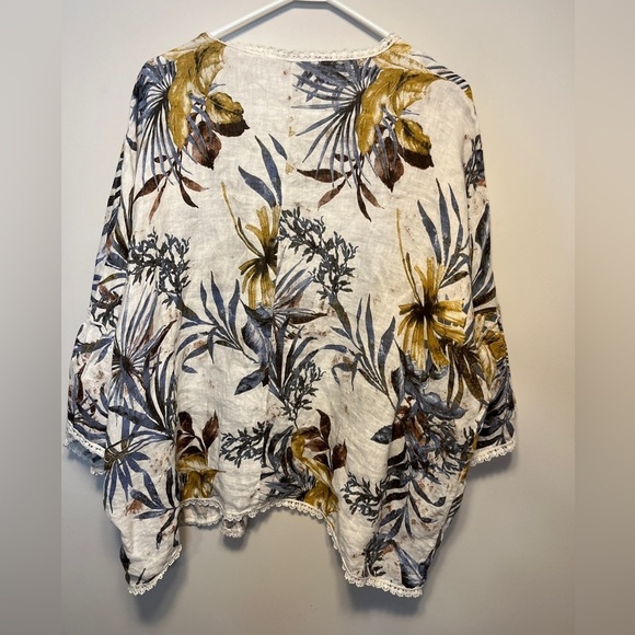 Francesca Bettini Linen Tropical Floral Print Open Front Kimono Cardigan OS - Picture 2 of 8